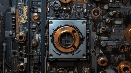 A detailed close-up of a circuit board with a lens and gears, symbolizing technology, innovation, mechanics, precision, and complexity.