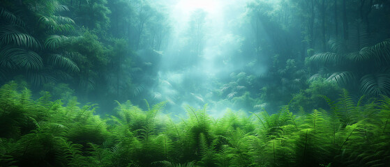 Obraz premium A lush green forest with a bright sun shining through the trees