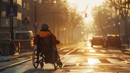 A person in a wheelchair crossing the road.