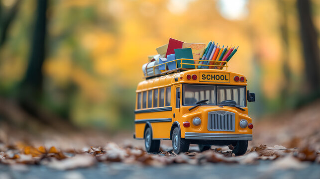 Colorful toy school bus carrying books and pencils on a forest path, symbolizing education and learning.