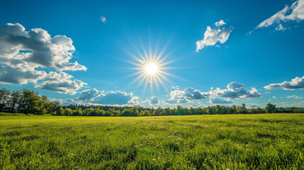 Obraz premium A green field bathed in bright sunlight. The sun, shining through light clouds, adds brightness and warmth to the entire scene.