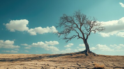 Obraz premium A drought-stricken landscape with a withered tree, leaving plenty of space for text in the barren scene.