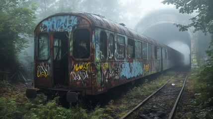 Obraz premium A dilapidated wagon, covered in colorful graffiti, stands alone on rusty tracks in a forgotten place. The surroundings are misty and wild, with lush vegetation obscuring the ruined tracks.