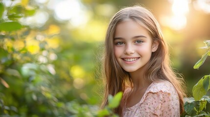Naklejka premium A teenage girl radiates joy amidst a backdrop of lush greenery, her genuine smile capturing the essence of youth and natural beauty. 