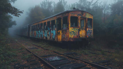 Fototapeta premium A dilapidated wagon, covered in colorful graffiti, stands alone on rusty tracks in a forgotten place. The surroundings are misty and wild, with lush vegetation obscuring the ruined tracks.