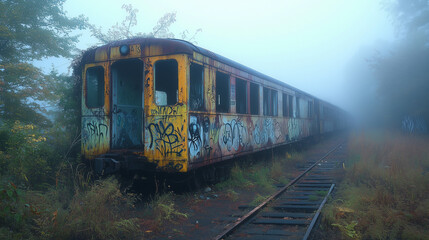 Obraz premium A dilapidated wagon, covered in colorful graffiti, stands alone on rusty tracks in a forgotten place. The surroundings are misty and wild, with lush vegetation obscuring the ruined tracks.