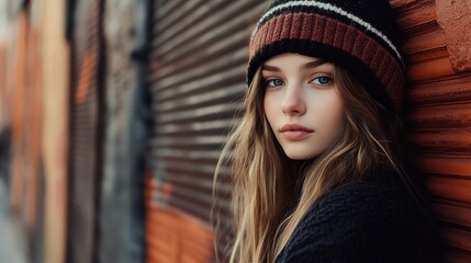 Fototapeta premium A young woman with piercing blue eyes and a trendy beanie peers soulfully from the backdrop of an urban alleyway. 