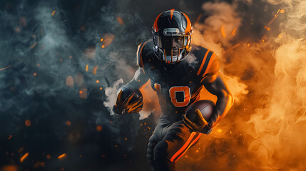 An American football player running for a touchdown in a large outdoor professional stadium 