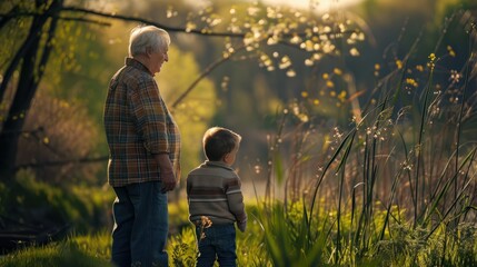A senior grandfather and toddler grandson are standing in nature in spring.