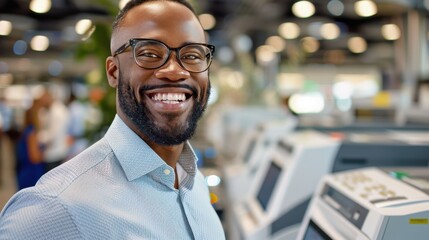 Fototapeta premium A business person wearing a formal shirt is standing in a modern airport terminal, featuring a high-tech check-in area and a busy atmosphere with blurred background images.