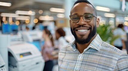 Obraz premium A man wearing glasses and a checkered shirt smiles as he stands in a dynamic office environment, epitomizing workplace enthusiasm and professional contentment.