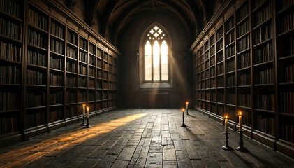 Fototapeta premium an old, wooden library with bookshelves on either side and a window at the end. The room has a cathedral-like ceiling and is filled with sunlight. There are several flickering candles