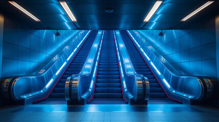 A blue escalator with a staircase in front of it