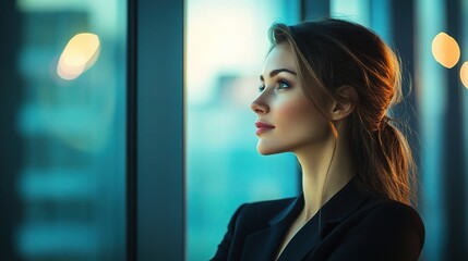 Obraz premium Ambition's Gaze: A young businesswoman stands silhouetted against a vibrant cityscape, her profile reflecting determination and a vision for the future. 