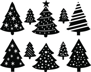 Obraz premium Minimalist Christmas tree silhouettes, set of 10 decorative holiday pine tree icons, black vector fir tree illustrations for winter seasonal design