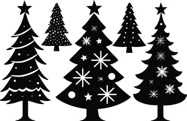 Fototapeta premium Minimalist Christmas tree silhouettes with stars and snowflakes, black and white holiday vector set, 5 decorative evergreen tree icons for winter design