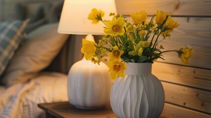 A white vase with yellow flowers sits on a nightstand next to a lamp. The scene is peaceful and calming, with the flowers adding a touch of natural beauty to the room