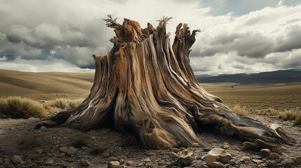 Fototapeta premium In a rocky, uninhabited landscape, a huge tree stump dominates the space.