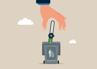 Businessman throw pressure gauge the waste basket. Zero emission. Modern vector illustration in flat style. 