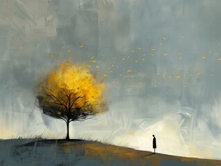 Fototapeta premium person standing under tree yellow emotional appearing background embers adrift air portrait cover alone sky grey wanderer longing