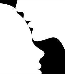 vector minimalistic elegant black and white illustration of silhouette of two people in love isolated on black background. man tenderly kissing woman on forehead. useful for Valentine's day cards, pri