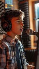 Talented Boy Singing Passionately in Professional Recording Studio with Instructor Guidance