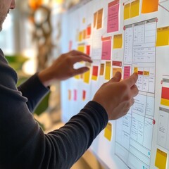 Hands arranging sticky notes on a large board, representing user journey mapping, brainstorming, and strategic planning.