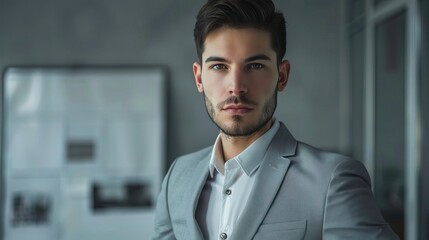 Obraz premium A confident young man in a stylish gray suit, standing against a modern office background, exuding professionalism and charm.