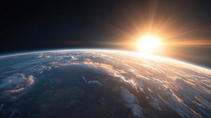 The sun s rays bending around the Earth s atmosphere, creating a spectrum visible from space, photorealistic