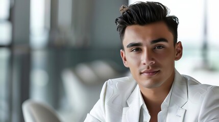 A confident young man in a stylish white suit, posing elegantly in a modern interior space. Perfect for fashion and lifestyle themes.