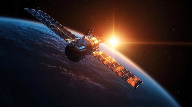 Solar-powered satellite in orbit, reflecting a spectrum of sunlight against the backdrop of space, photorealistic