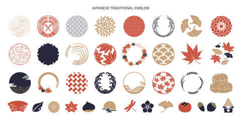 秋の和柄フレームとシンボルとアイコンセット © Burao