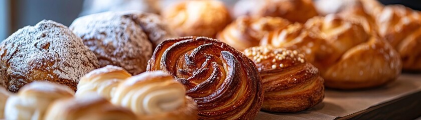 Fototapeta premium A delightful assortment of fresh pastries, showcasing rich textures and tempting flavors, perfect for any bakery or cafe setting.
