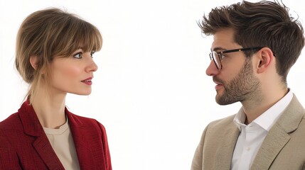 Intriguing Eye Contact: A professional woman and man lock eyes, their expressions filled with intrigue and unspoken connection. 