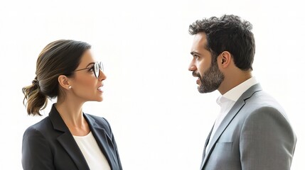 Two business professionals, a woman and a man, locked in an intense discussion against a white backdrop. 