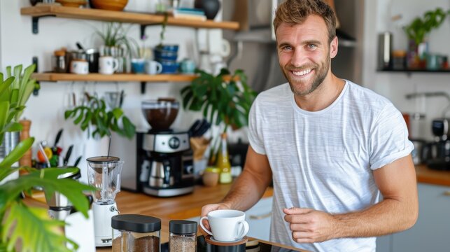 A smiling man comfortably leans over a wooden counter in a modern kitchen with plants, holding a white coffee cup, enjoying a peaceful moment.