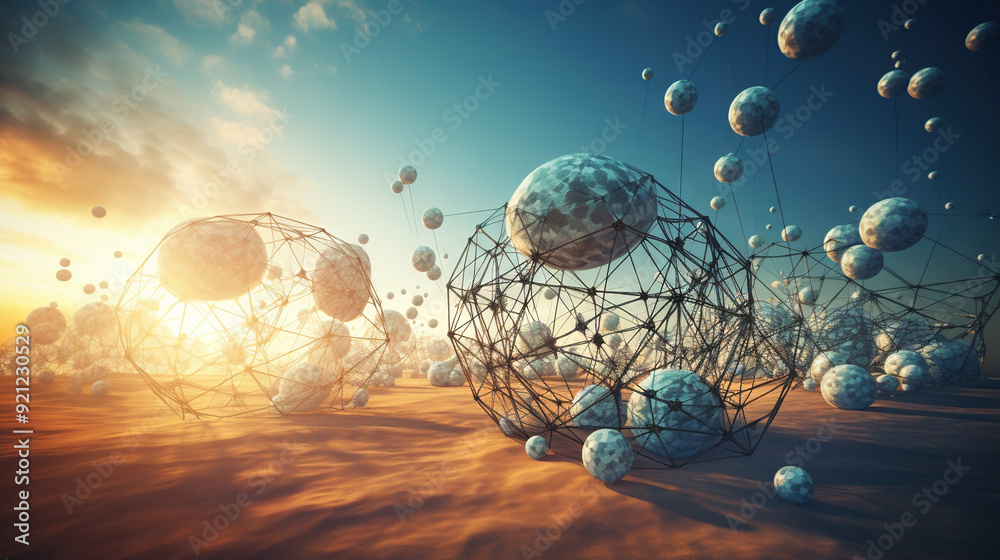 Poster Abstract scfi-fi landscape with connected 3D balls and molecular grid structure. Futuristic surreal abstraction.