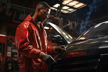 Fototapeta premium A mechanic working intently on a car in a dimly lit garage, showcasing skill and precision in automotive repairs.