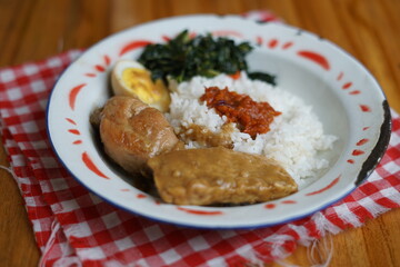rice with tempeh,  egg and braised chicken 