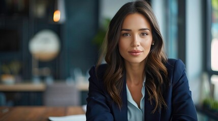 Obraz premium A professional woman in a business suit seated at a modern workspace, exuding confidence and readiness for work.