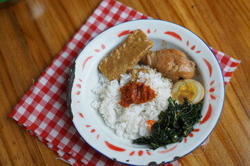 rice with tempeh,  egg and braised chicken 