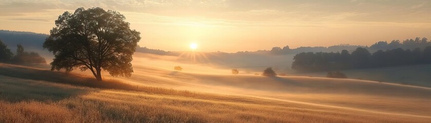 A serene landscape at sunrise, featuring misty fields and a solitary tree, creating a calm and peaceful atmosphere.