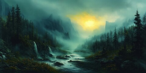 Photography, 8K painting, dramatic shadowed river valley, misty mountains, serene waterfall, moody nature landscape, golden light.