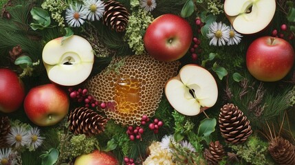 Fresh apples, honeycomb, and pine cones arranged on a bed of green foliage with wildflowers in autumn light