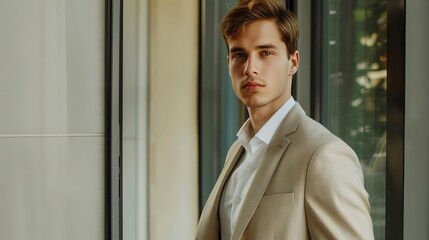 Fototapeta premium A stylish man in a beige suit stands confidently by a large window, showcasing modern fashion and elegance in a professional setting.