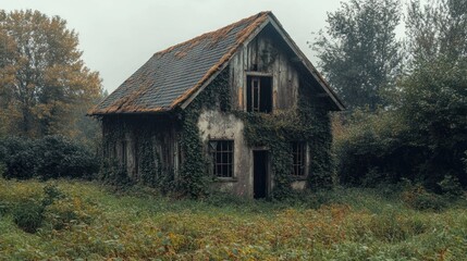 Obraz premium A house with ivy growing on it is in a field