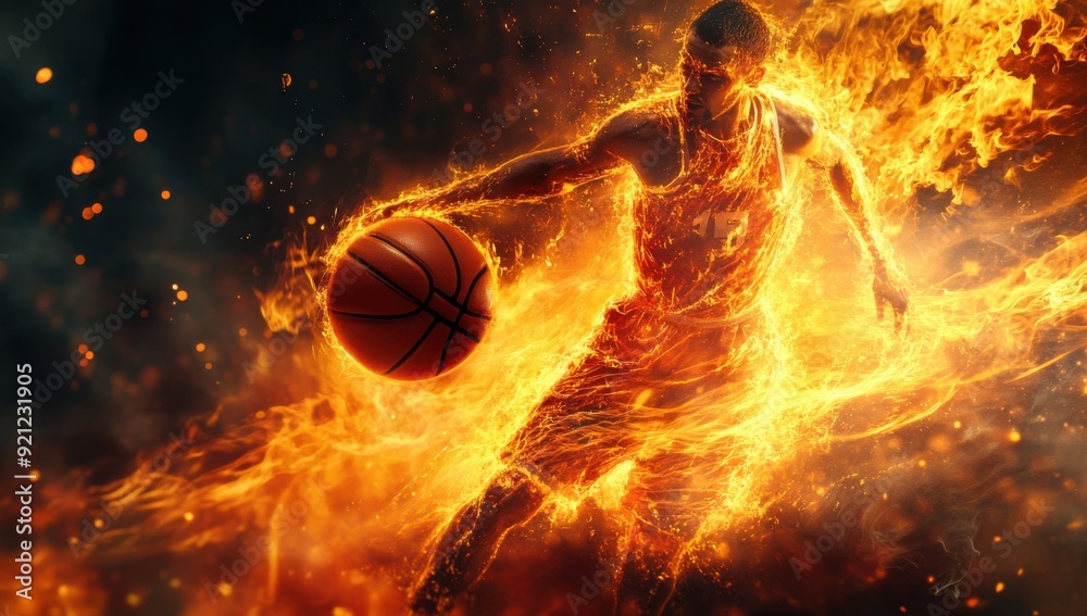 Poster a basketball player engulfed in flames maneuvers at full height while playing with a ball