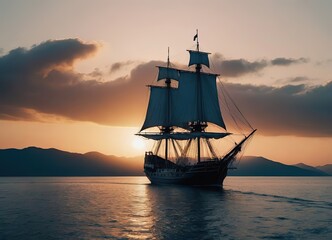 Obraz premium A Majestic Sailing Ship Gliding Gracefully at Sunset Over Tranquil, Reflective Waters