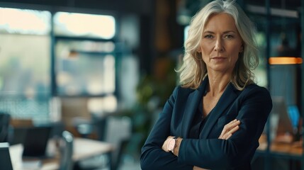 Obraz premium Business concept. Portrait of middle aged businesswoman ceo standing in office with arms crossed. Neutral office background with copy space. Generative AI