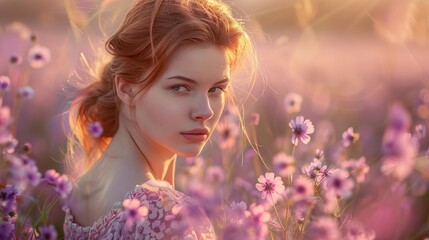 A young woman gazes thoughtfully while surrounded by vibrant purple flowers in a dreamy sunset landscape.